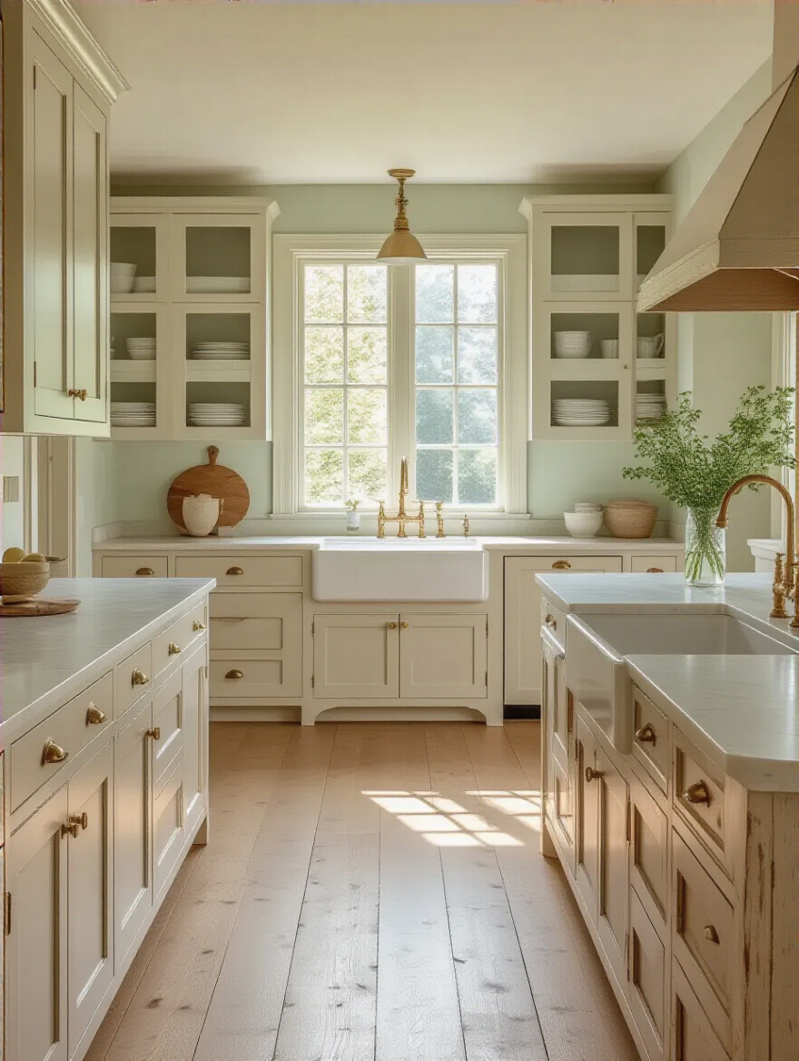A serene cottage kitchen featuring soft, muted color palettes with pale sage green cabinetry, off-white walls, light wood flooring, and brass accents, designed to create a relaxing ambiance.