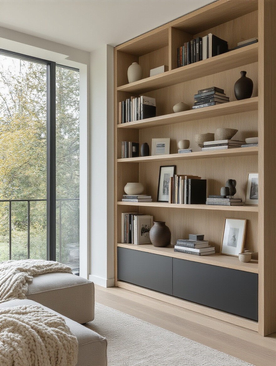A modern living room features a tall, organized vertical shelving unit filled with books and decor, demonstrating efficient use of vertical space.