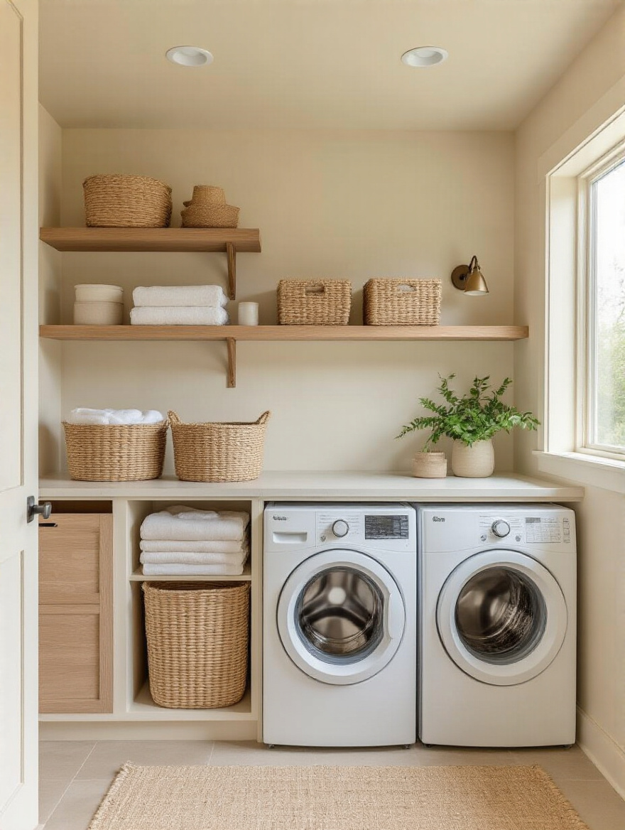 Portrait of a warm off-white and greige laundry room with wood accents and soft textiles