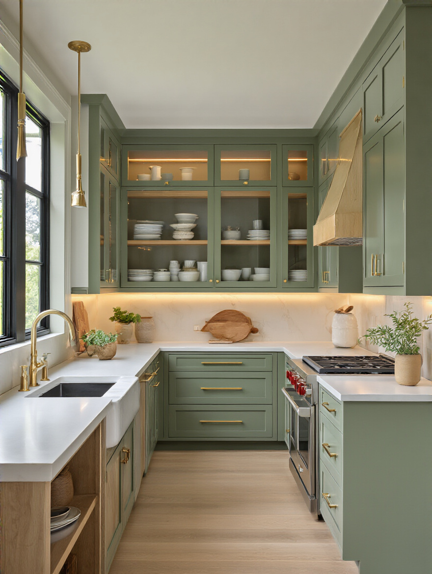 Portrait of open shelving breaking up green cabinetry in a modern kitchen
