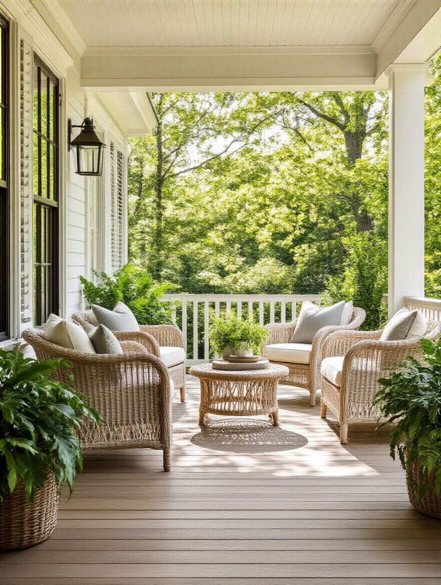 A bright, open porch with wicker furniture arranged to create wide, clear pathways, emphasizing good traffic flow and spaciousness.