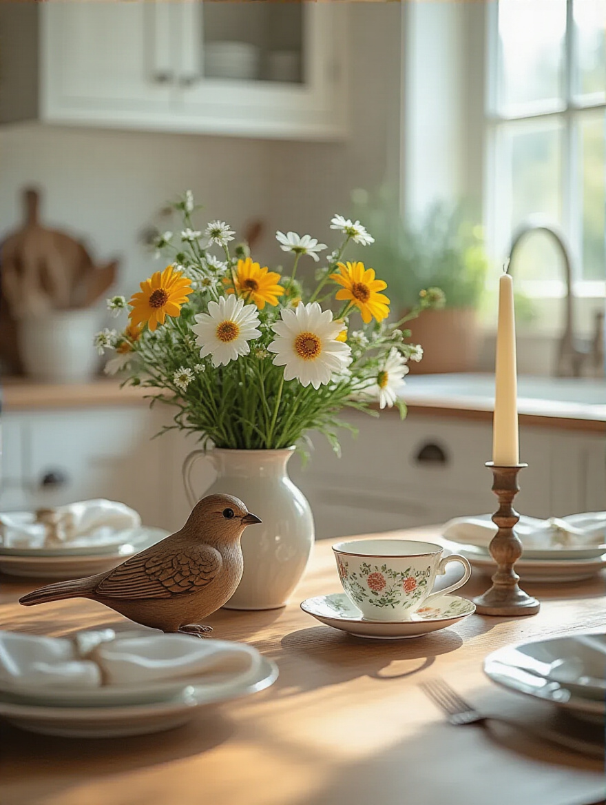 Kitchen table centerpiece featuring cherished family keepsakes like an antique bird and teacup, mixed with fresh garden flowers and candles, creating a warm and personalized home decor.