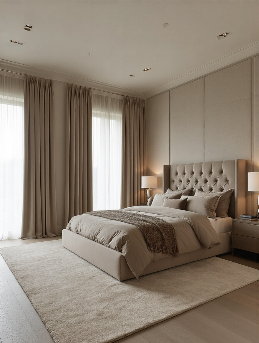 A peaceful master bedroom with sound-absorbing features including heavy drapes, a plush rug, and an upholstered bed with a tufted headboard, designed for acoustic control.