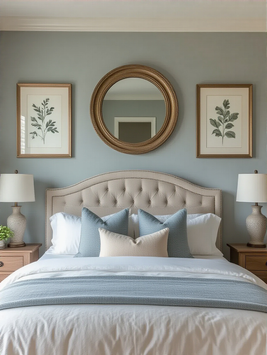 Elegant master bedroom featuring a large decorative mirror and serene botanical artwork above the bed, enhancing light and style and reflecting a spacious feel.