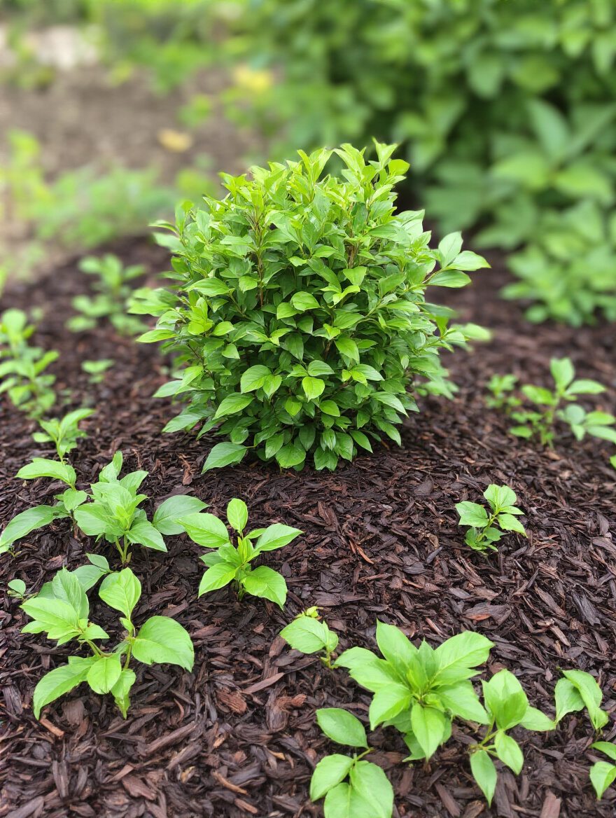 A close-up portrait view of dark brown organic wood mulch spread generously around the base of a vibrant green shrub, showcasing proper technique for moisture retention and weed control.