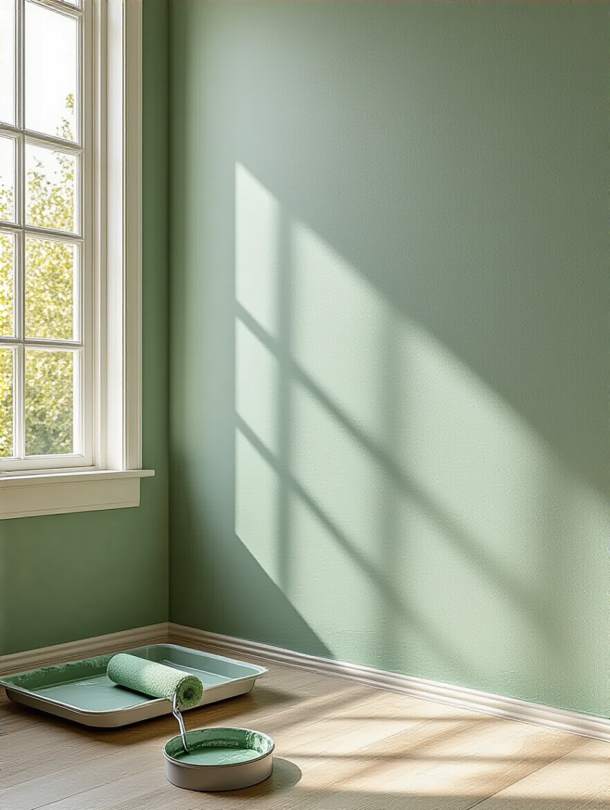 A pristine dining room wall, partially painted with perfectly even, smooth light sage green paint, showing a flawless finish without streaks or roller marks, with a paint roller resting on a tray nearby.