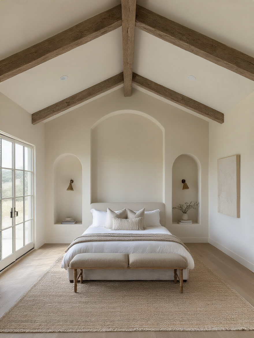 Empty master bedroom interior showing natural light, unique window, and a sloped ceiling for spatial assessment.