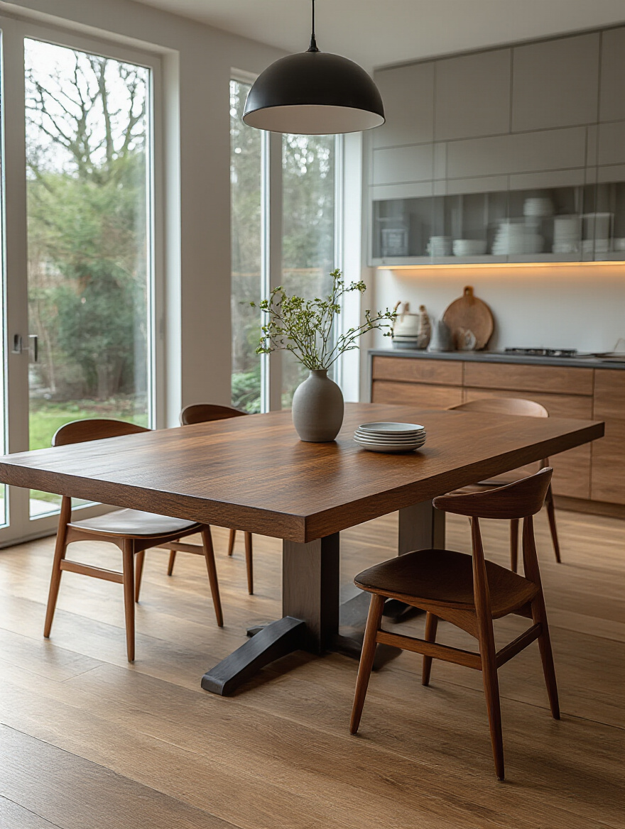Elegant empty rectangular kitchen dining table, impeccably clean, highlighting its large surface and shape for centerpiece planning.