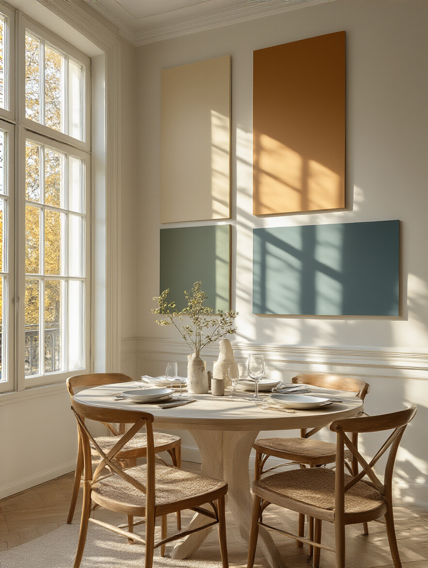 A brightly lit dining room interior showing how natural light from a window illuminates paint swatches on walls, emphasizing color variation.
