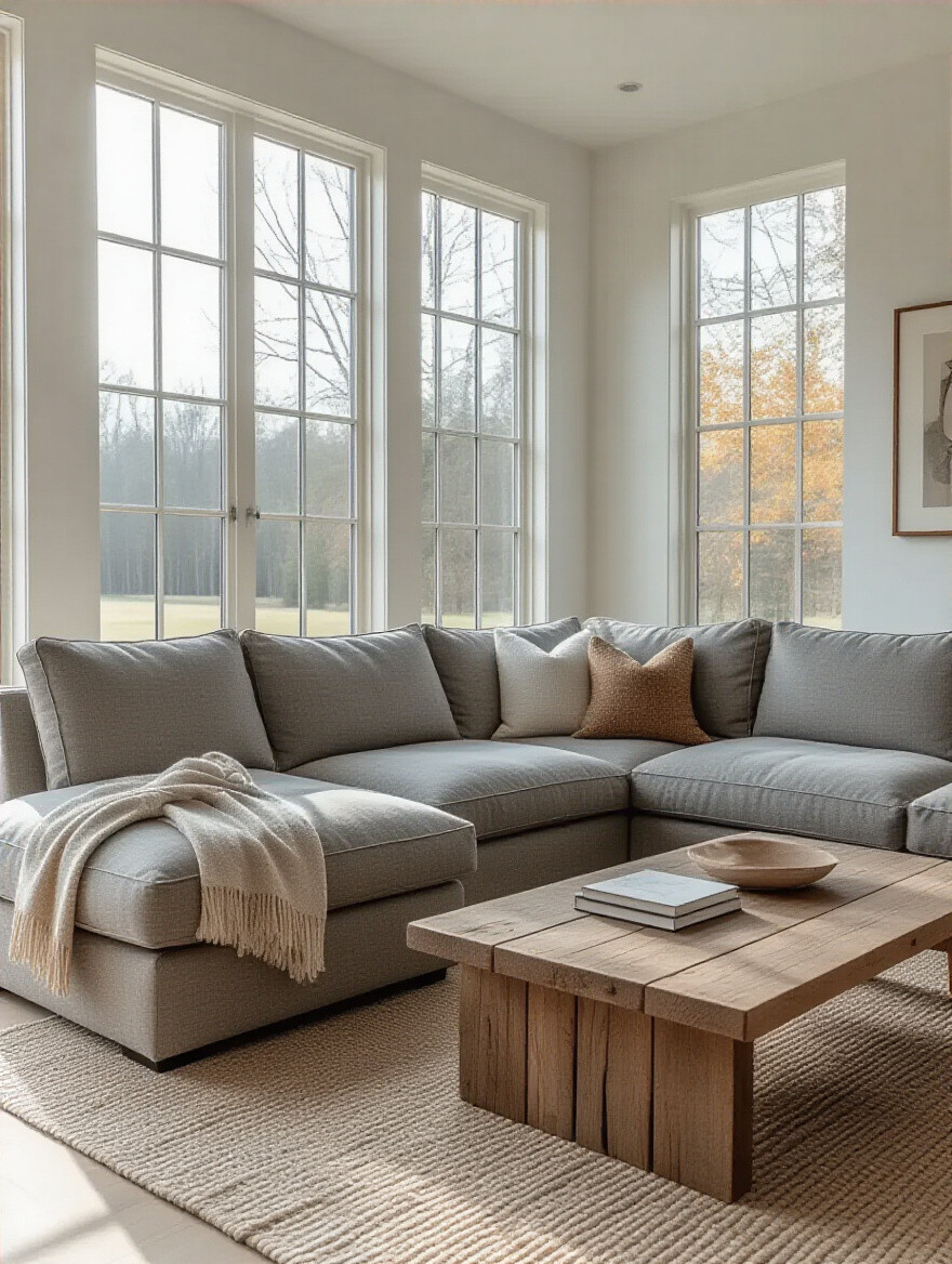 A modern, spacious living room with a large, durable sectional couch upholstered in medium-grey performance fabric, designed for active households with kids, pets, or frequent guests. The room is filled with natural light.