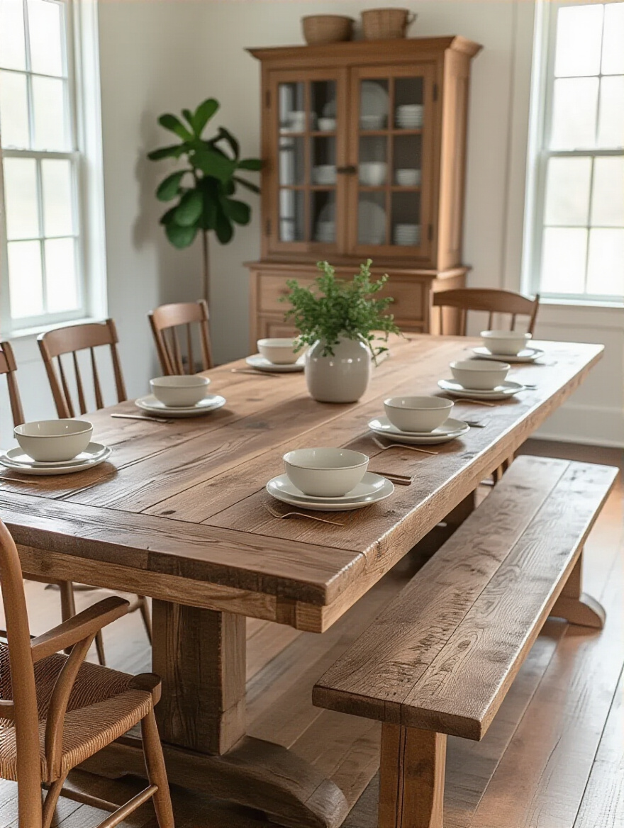 A farmhouse dining room with a large rustic table, subtly showing a slightly tight space to illustrate avoiding underestimating scale.