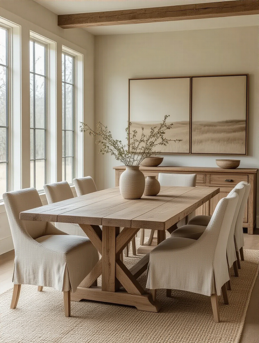 A farmhouse dining table perfectly integrated into a cohesive dining room with complementary decor and matching textures, showcasing harmonious design.