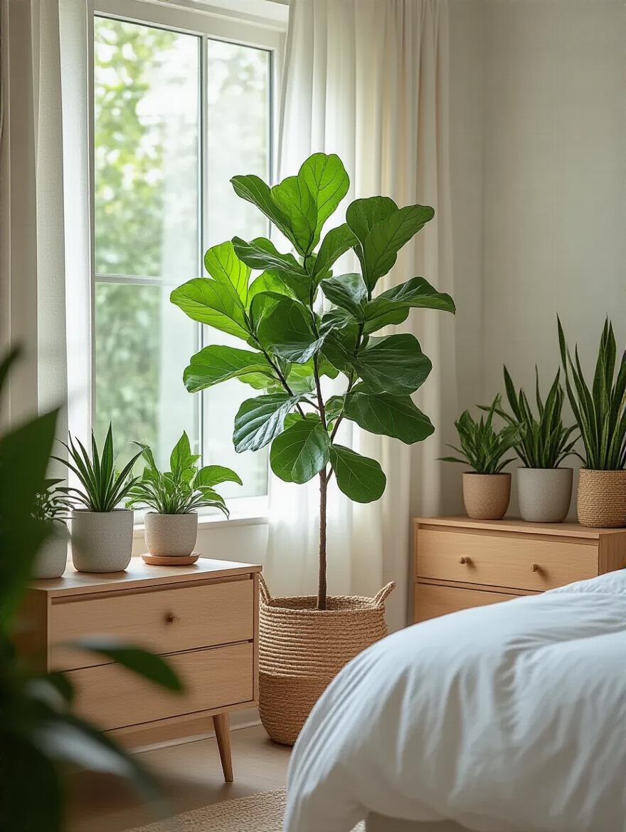 A serene master bedroom decorated with lush indoor greenery, featuring a large Fiddle Leaf Fig and various potted plants, creating a natural, tranquil atmosphere.