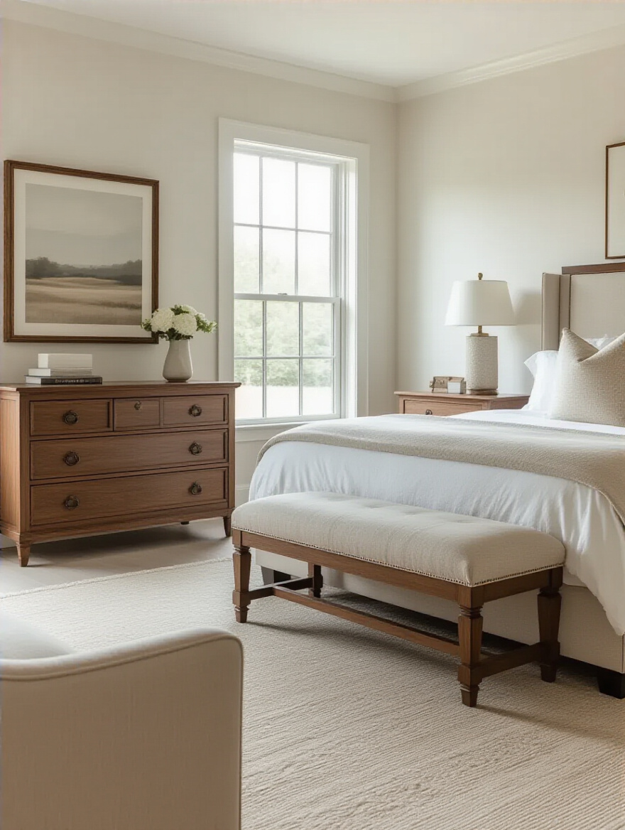Luxurious master bedroom with cohesive light wood nightstands, matching dresser, upholstered bench, and accent chair, showcasing elegant bedroom furniture cohesion in a serene neutral palette.