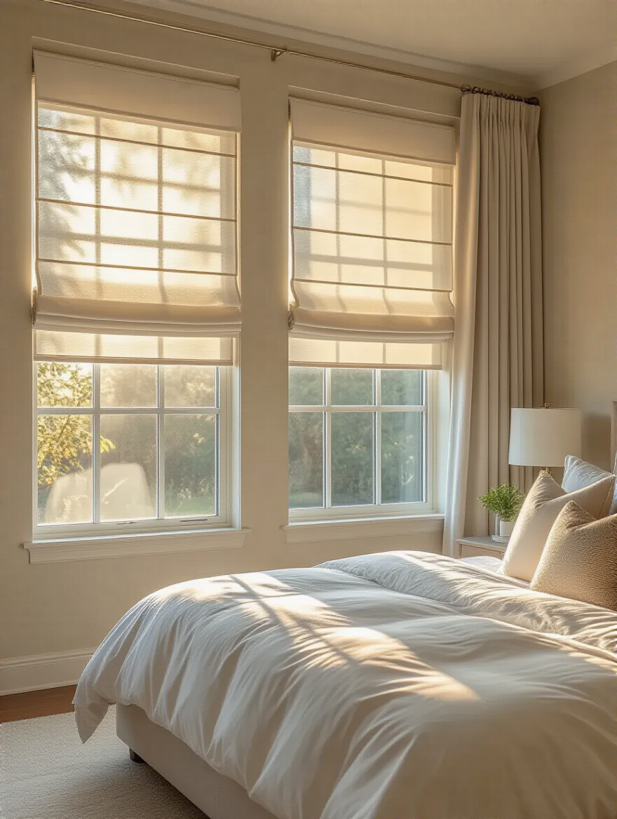 Serene master bedroom with privacy-enhancing blackout Roman shades and sheer curtains, providing ultimate seclusion and light control.