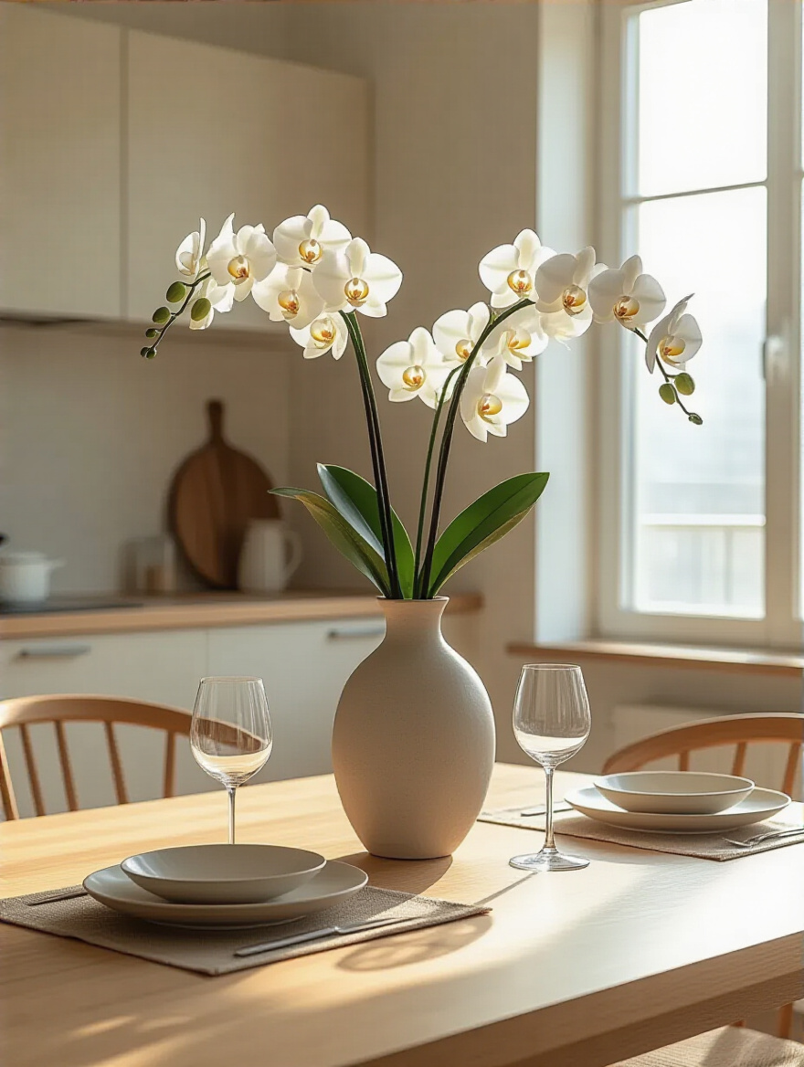 A modern kitchen dining table with a prominent anchor centerpiece: a tall, elegant ceramic vase holding sculptural white orchids, setting an immediate visual focus.