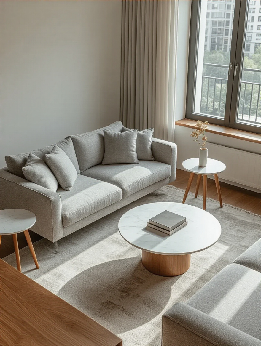 Modern living room with a light grey modular sofa, featuring a round white marble coffee table and slim oak side tables, highlighting complementary furniture choices.