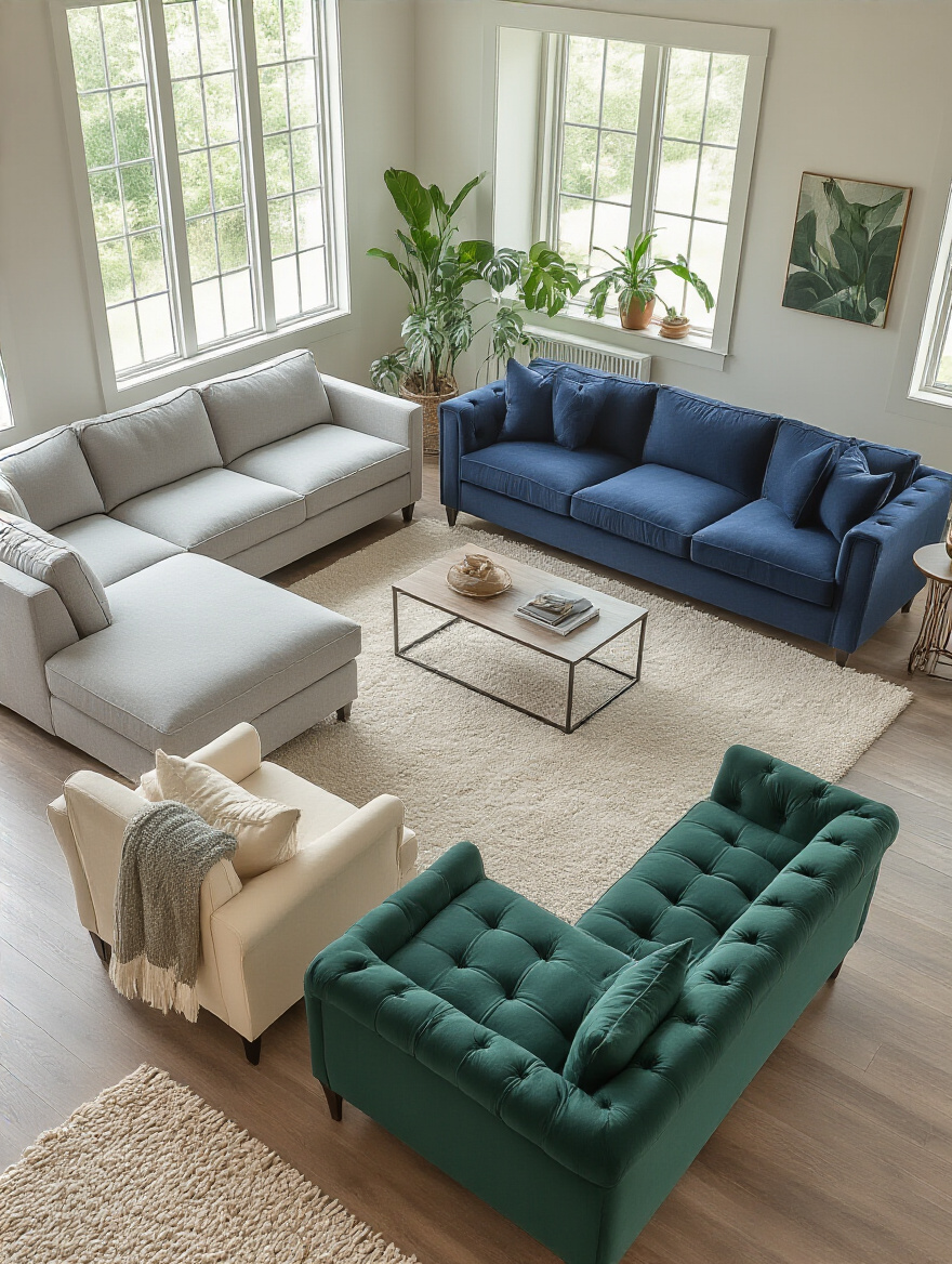 Image showcasing different living room couch styles: a grey sectional, a navy sofa, a cream loveseat, and an emerald chaise lounge, illustrating furniture choices for varying room sizes and needs.