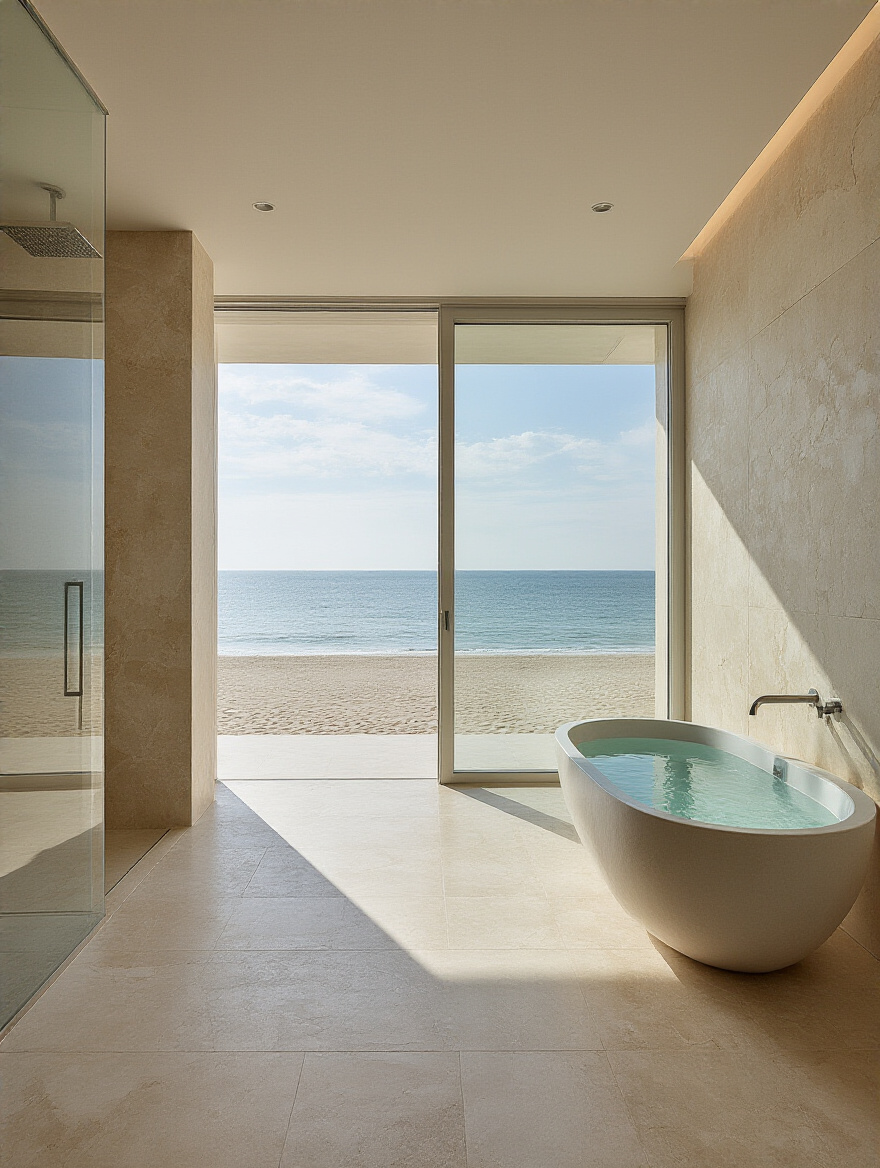A serene, open-concept beach bathroom designed with architectural flow, featuring large windows with ocean views, a freestanding tub, and natural stone textures.
