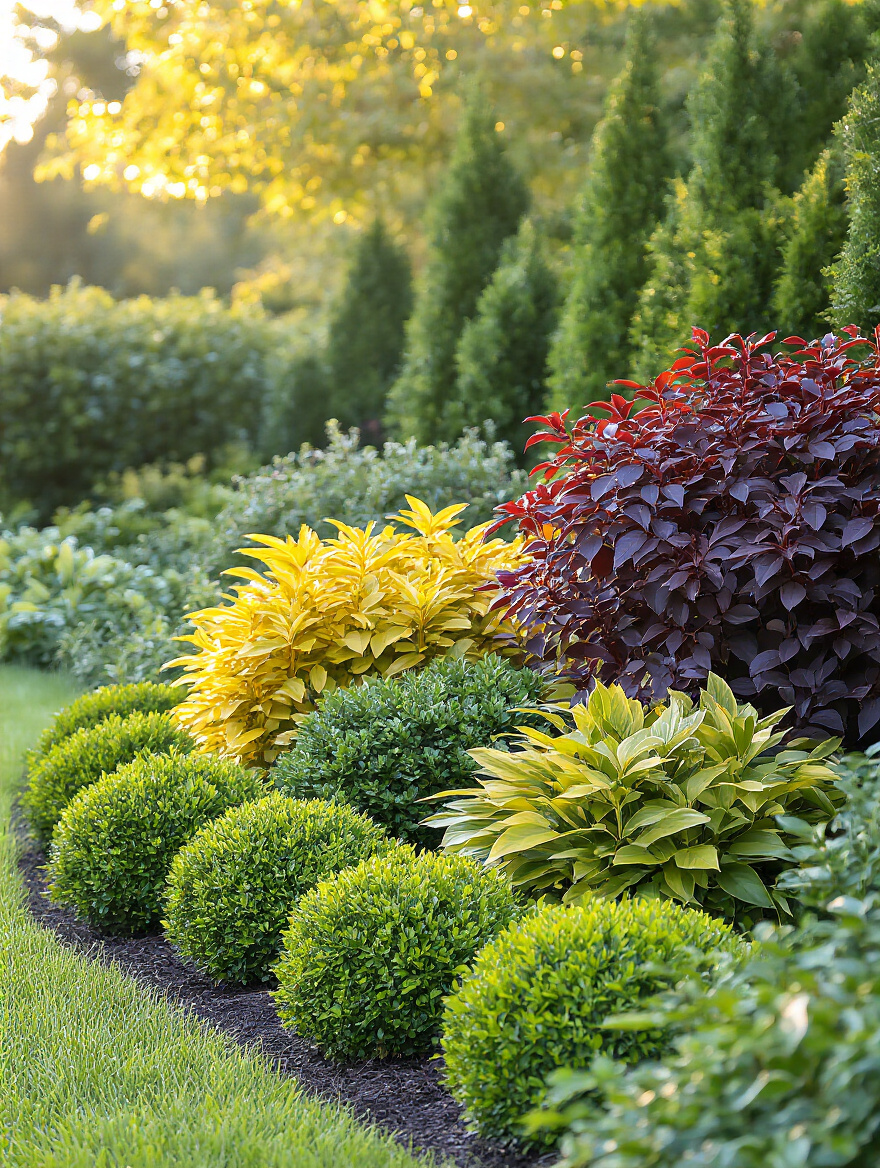 Garden corner displaying layered shrub landscaping with varying heights, forms, and foliage textures creating visual depth.