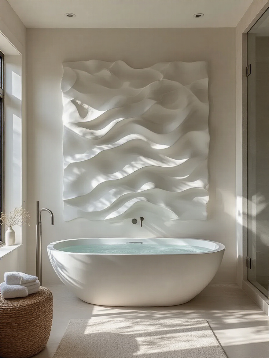 Luxury bathroom featuring custom undulating bronze wall art inspired by ocean currents, enhancing a spa-like coastal design.
