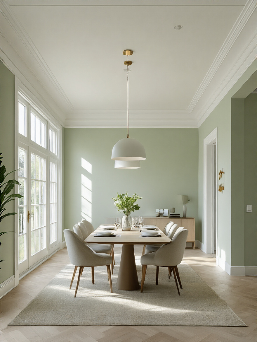 A beautifully decorated dining room with a crisp white ceiling and sage green walls, demonstrating how light ceiling paint can make a room feel taller and more open, highlighting the visual illusion of increased height.