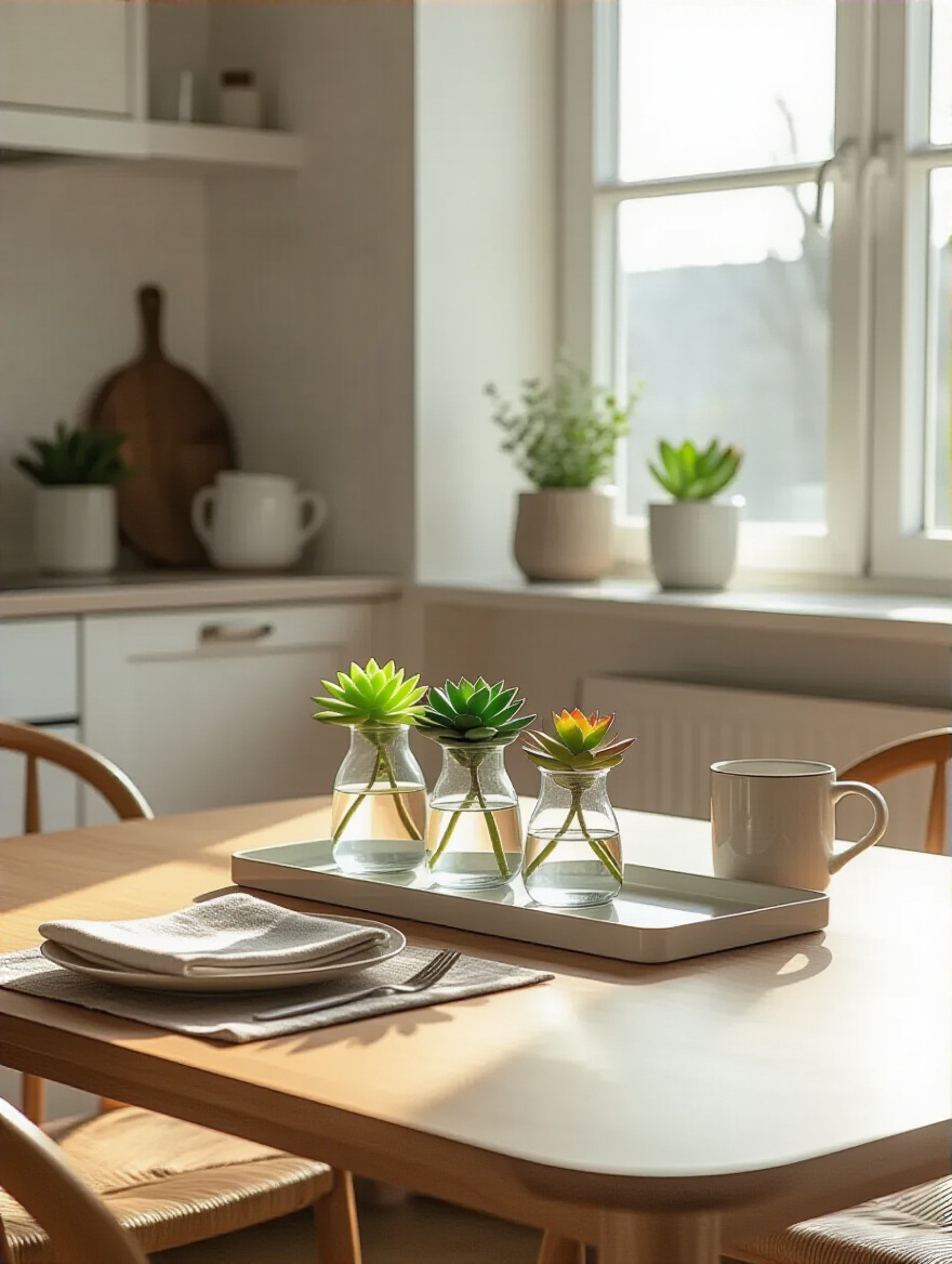 A modern kitchen table featuring a low-profile, functional centerpiece, easily adaptable for dining and daily activities. It showcases a balance between decorative appeal and practical use.