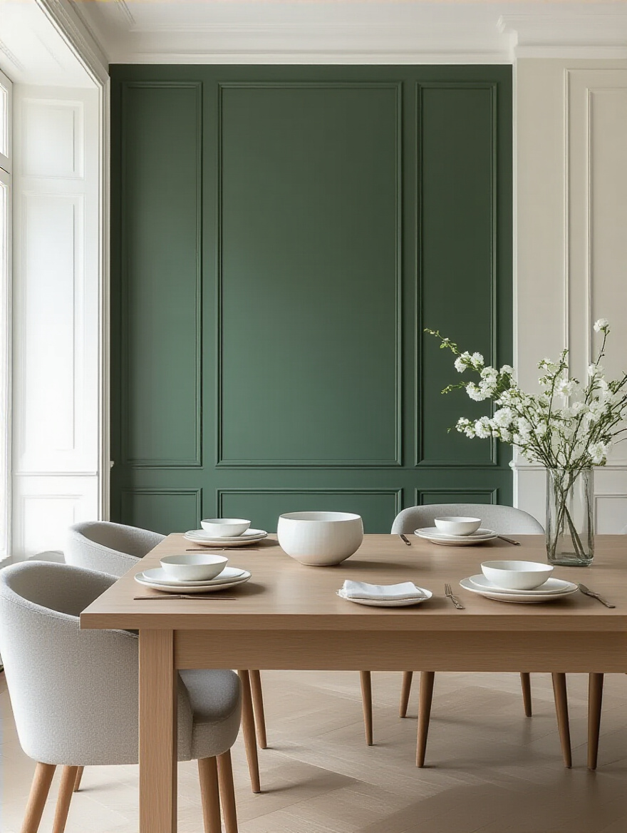 Dining room interior showing a wall with warm beige paint and another with cool light grey paint, illustrating the contrast between warm and cool undertones for an inviting space.