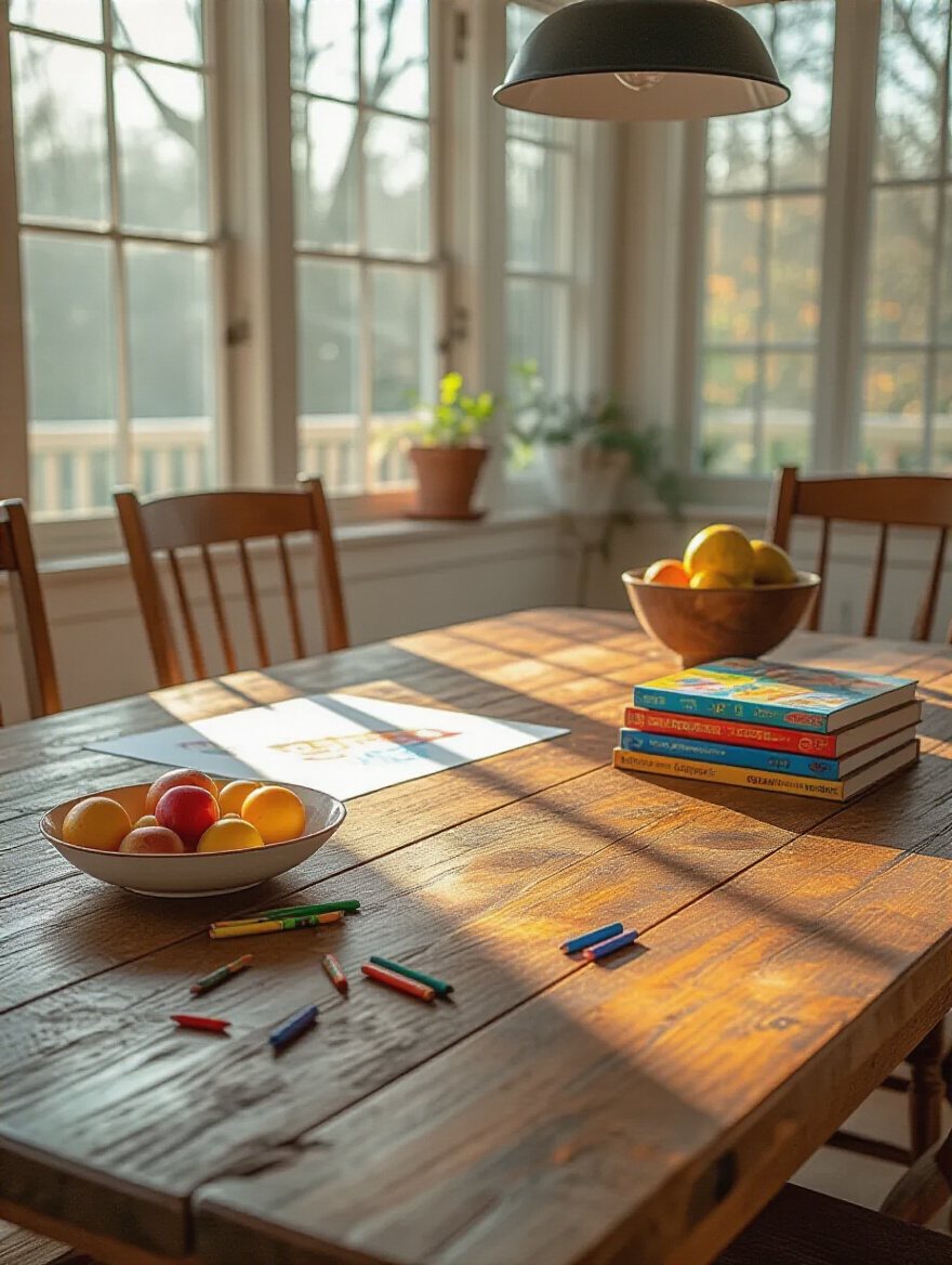 Sturdy distressed farmhouse dining table in a family home setting with craft supplies, highlighting its durability for an active lifestyle.