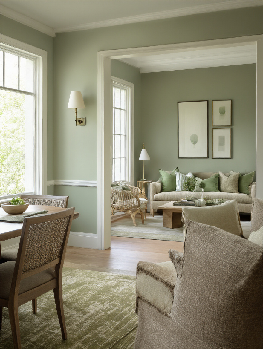 Elegant dining room walls in sage green seamlessly transitioning into a living room with complementary warm greige walls, emphasizing harmonious adjacent room colors.