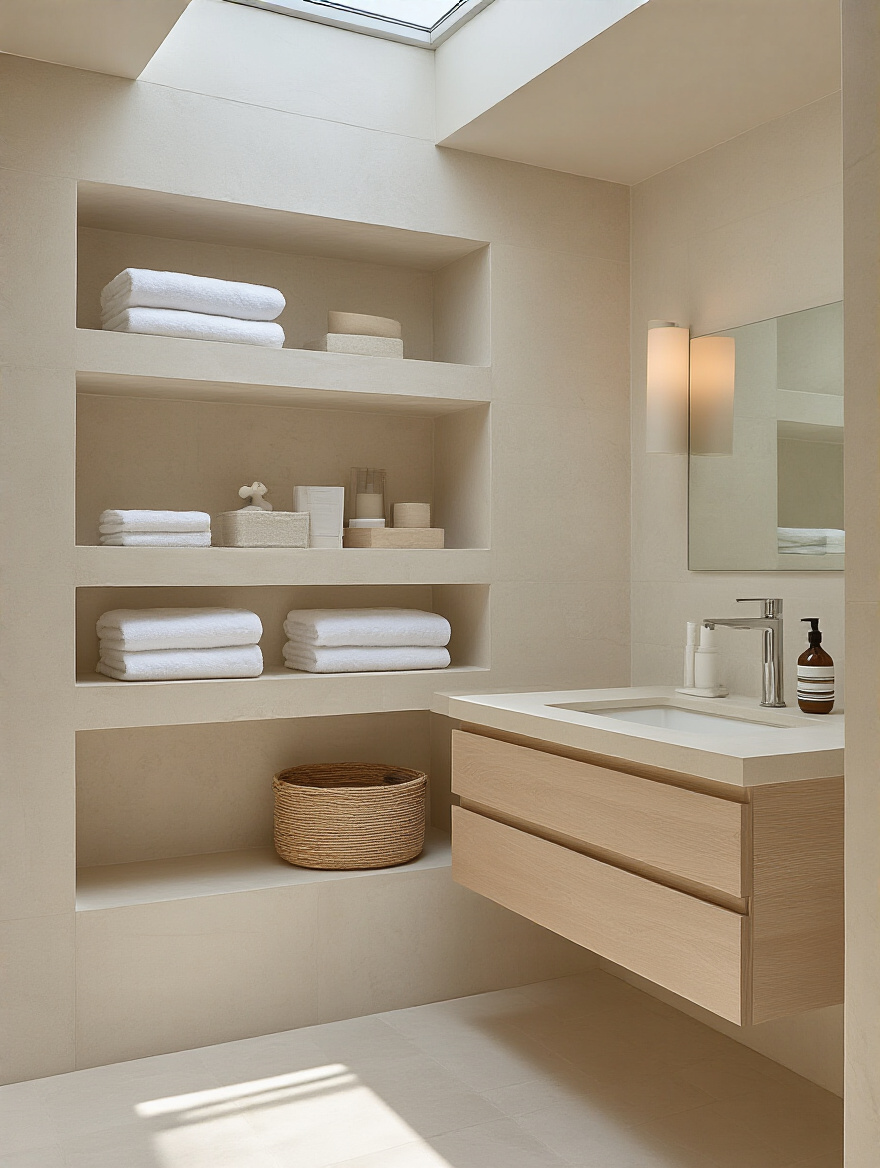 A minimalist beach bathroom with hidden storage, recessed shelving, and a sleek vanity, emphasizing intelligent storage solutions for a clutter-free aesthetic.