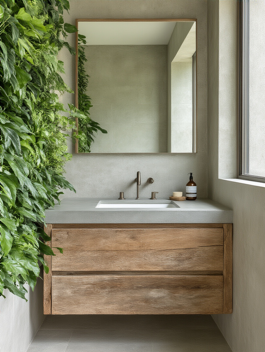 Modern beach bathroom featuring expansive glass walls opening to a lush coastal garden with native flora, showcasing a seamless indoor-outdoor transition and biophilic design elements for a home spa oasis.