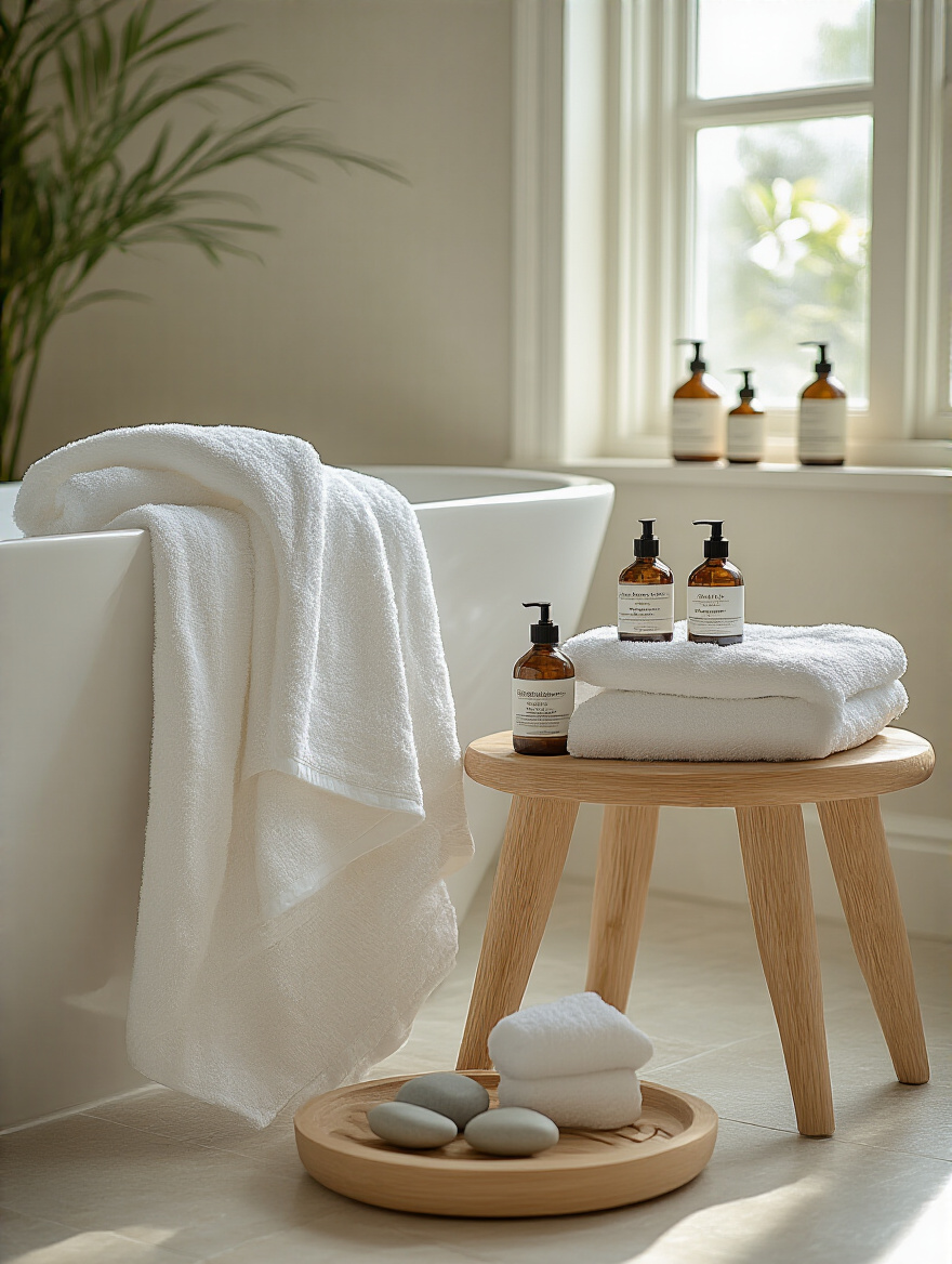 Exquisitely folded white luxury Supima cotton towels and a bamboo-blend bathrobe in a serene beach bathroom with organic spa amenities, embodying elevated comfort.