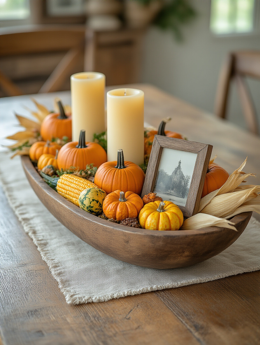 Farmhouse dining table with a beautifully curated autumn-themed centerpiece featuring pumpkins, gourds, and candles in a wooden dough bowl, conveying warmth and personal taste.