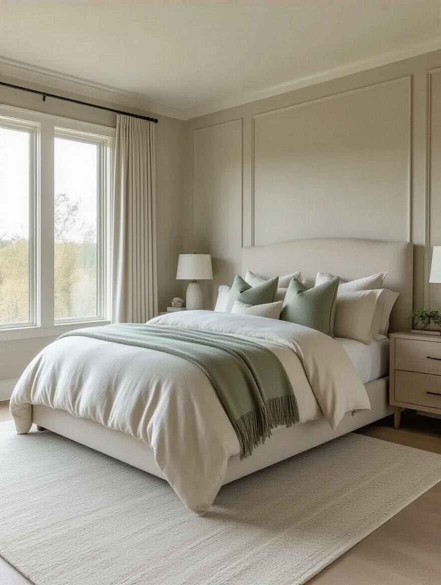 A serene master bedroom showcasing a soothing color palette with warm greige walls, off-white linen bedding, and sage green accents, designed to promote calm and relaxation.