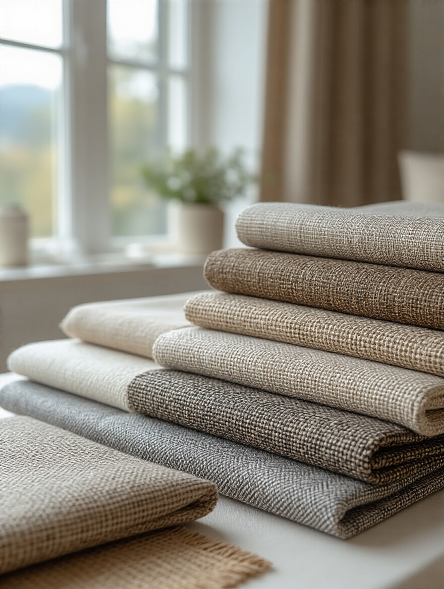 Collection of various upholstery fabric swatches displaying different textures, weaves, and material properties like durability and stain resistance, arranged neatly in a bright interior.