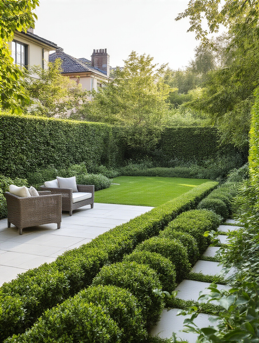 Backyard garden showing functional zones defined by lush, well-maintained shrub boundaries with a patio area and lawn