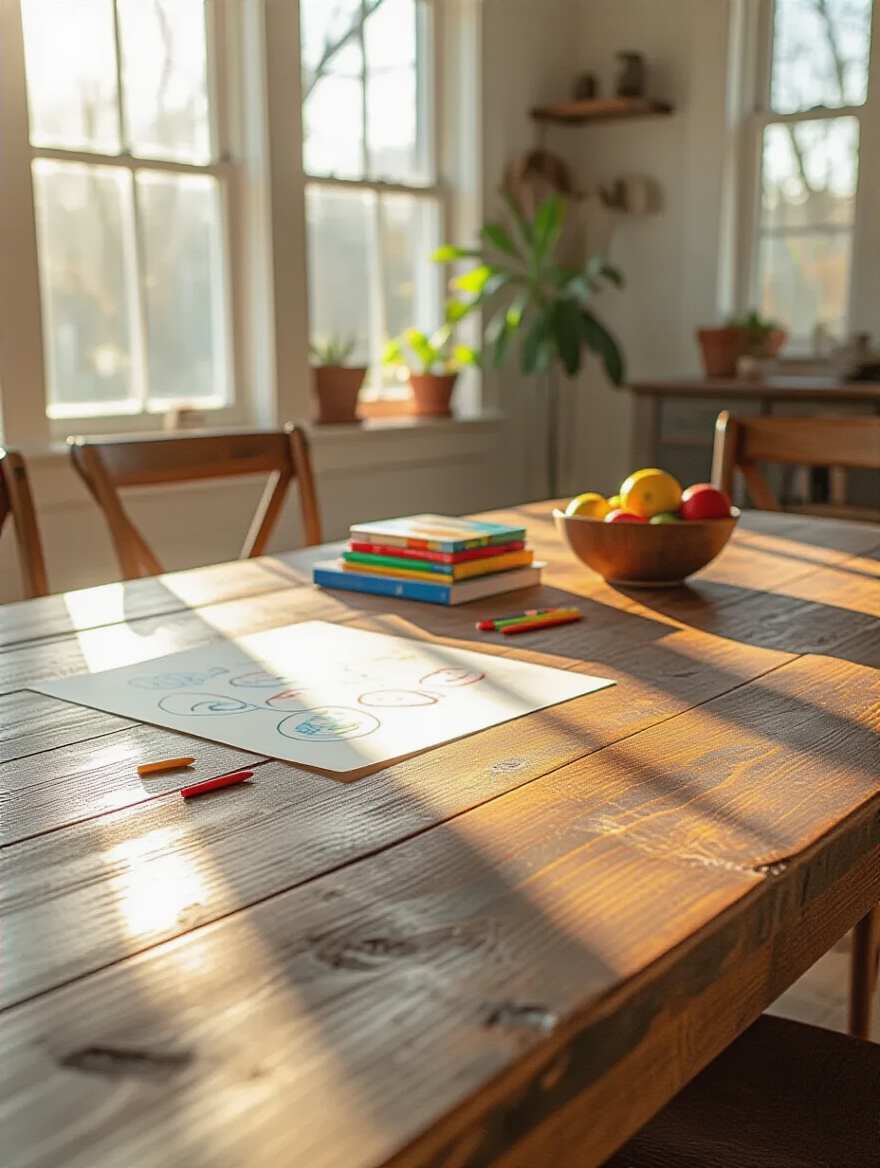 Three distinct farmhouse dining room vignettes illustrating Modern Farmhouse with light wood and clean lines, Rustic Farmhouse with distressed wood and organic textures, and Industrial Farmhouse with metal accents and reclaimed wood. A large window offers soft natural light, showcasing various decor elements like simple floral arrangements and industrial-style lighting. Full scene, no people.