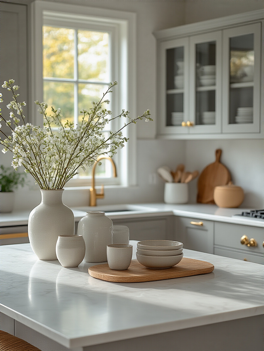 Modern kitchen with warm gray cabinets, white quartz countertops, and brushed brass hardware, showcasing a harmonious and defined color palette.