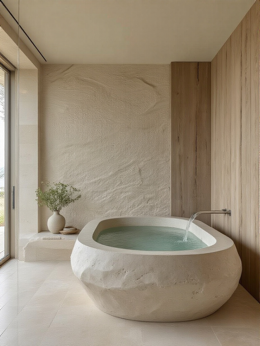 Luxurious bespoke maritime aesthetic bathroom with polished Travertine tub, reclaimed oak, artisan ceramics, natural light, and circadian lighting, evoking a sophisticated coastal spa oasis.