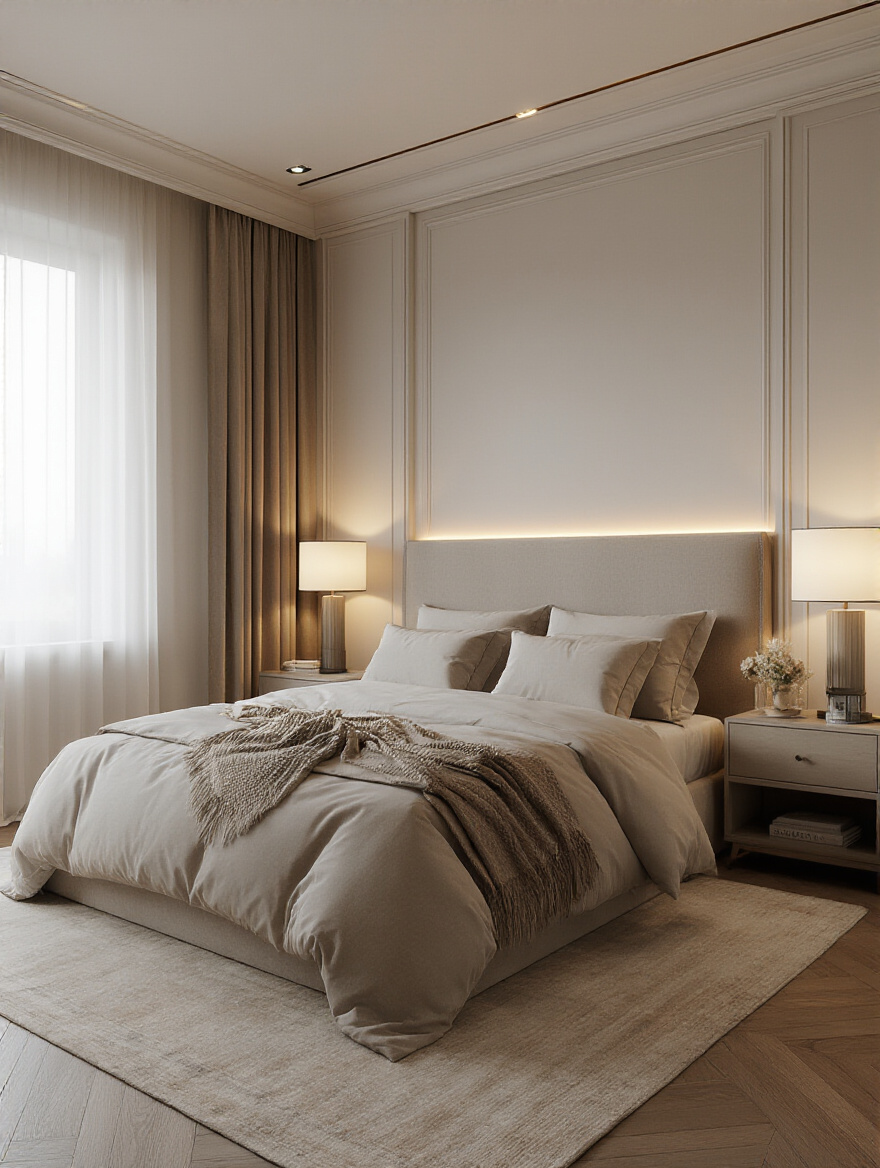 Master bedroom interior with sophisticated layered lighting, featuring recessed ceiling lights, bedside table lamps, and hidden LED strips, creating a tranquil and elegant atmosphere.