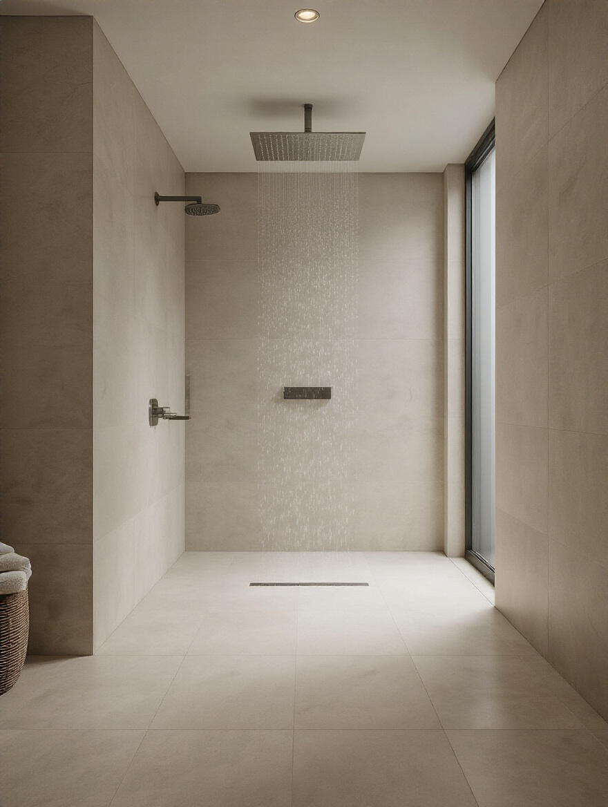 Modern zero-threshold rainfall shower with large format tiles, linear drain, and overhead rainfall showerhead, symbolizing seamless design and a home spa experience.
