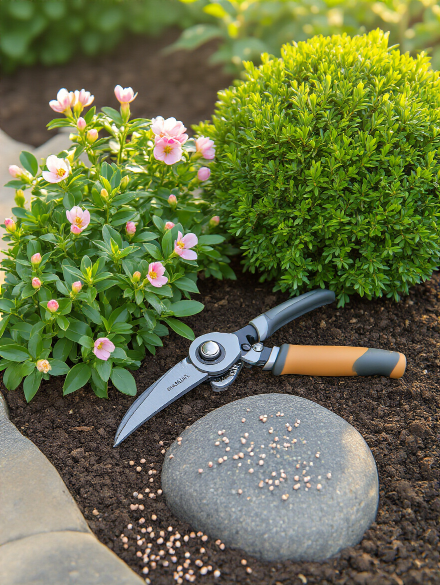 Lush garden shrubs demonstrating healthy growth from consistent seasonal pruning and fertilization, with professional pruning shears resting near the base.