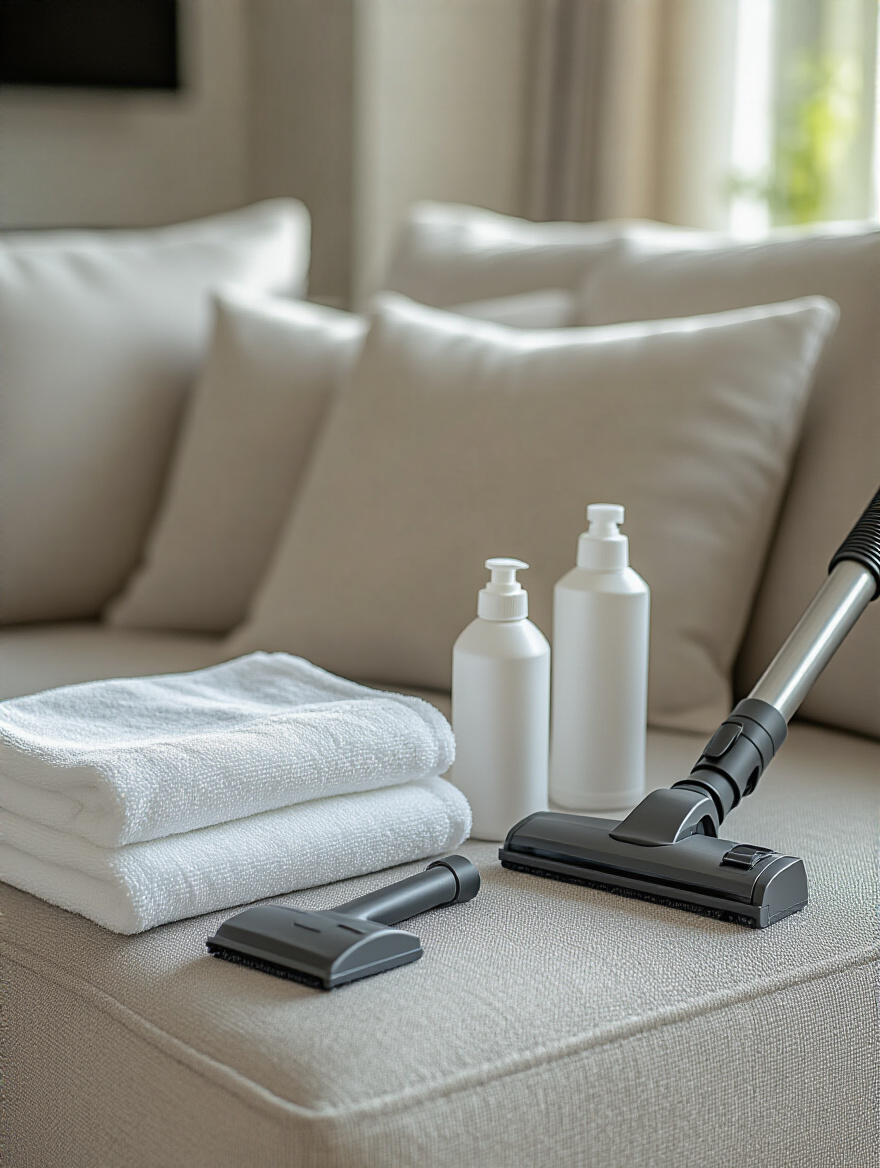A clean and well-maintained sofa with various upholstery cleaning tools like a vacuum attachment, cleaning cloths, and a fabric cleaner bottle placed neatly beside it in a brightly lit living room.