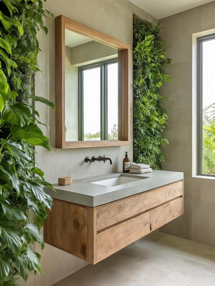 Sustainable beach bathroom with reclaimed wood vanity, concrete counter, living wall, natural light, and low-flow faucet, emphasizing eco-friendly coastal oasis design.