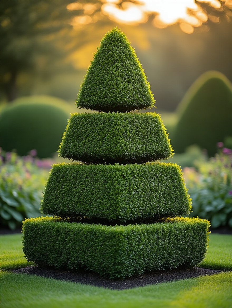 A perfectly sculpted Boxwood shrub in a formal garden, shaped into a precise multi-tiered pyramid, demonstrating expert architectural shrub pruning techniques.