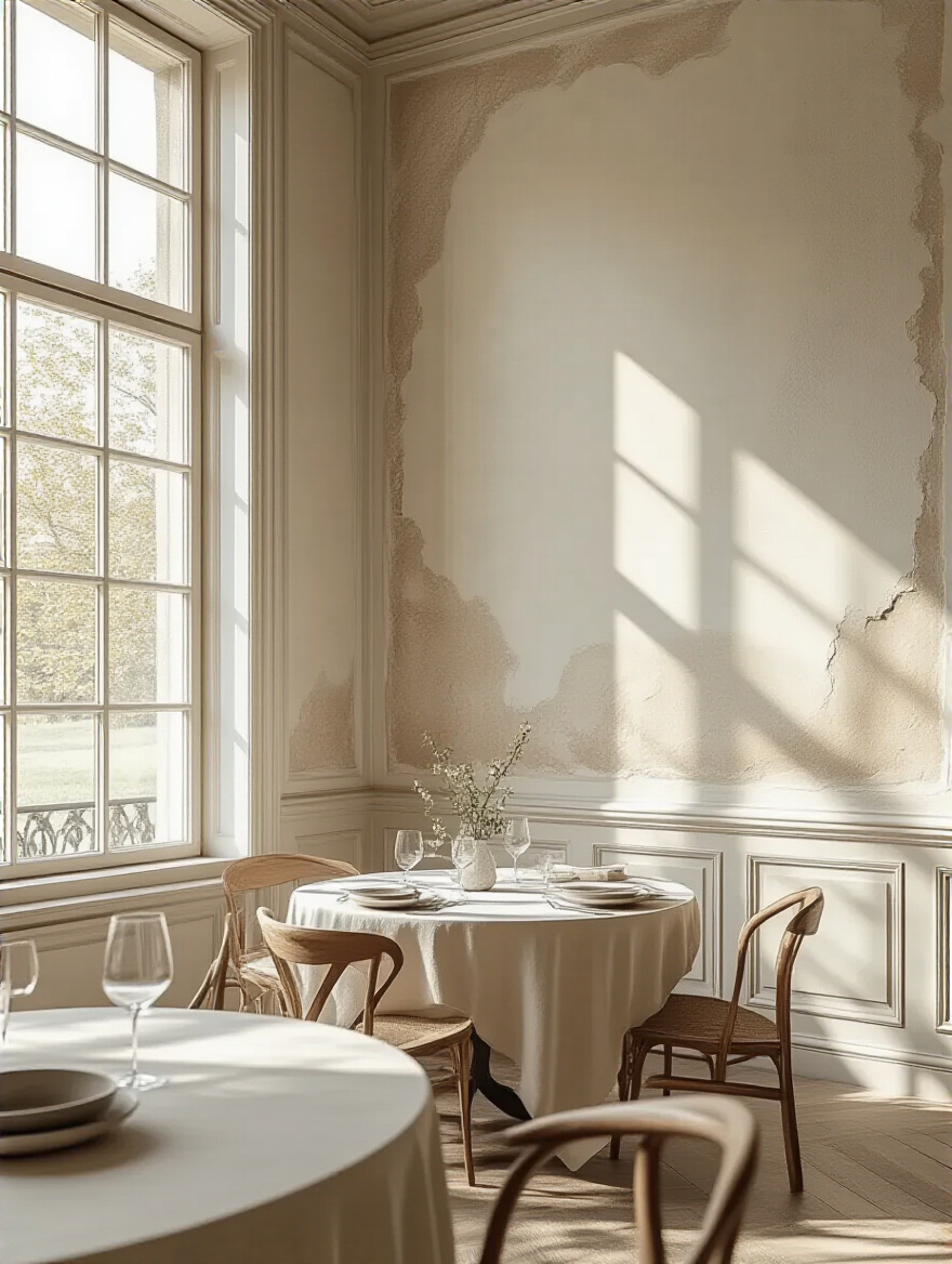 Elegant dining room wall with a subtle limewash decorative paint technique, showing textured depth and sophisticated character.