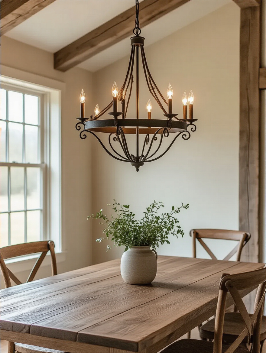 Rustic wrought iron chandelier hanging over a distressed wood farmhouse dining table, creating warm ambiance. Farmhouse lighting fixtures.