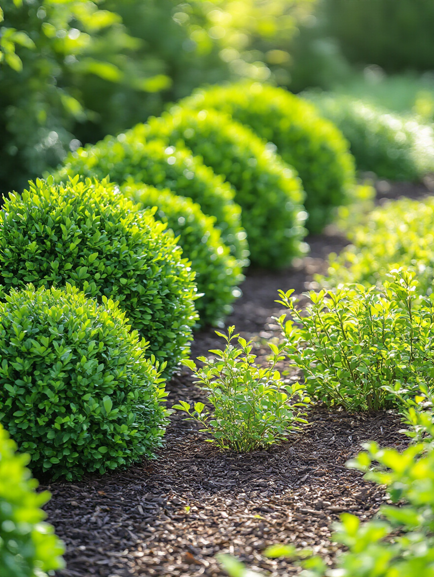 Garden bed with well-spaced green shrubs, showing healthy air circulation between plants under bright sunlight, promoting plant health and preventing disease.