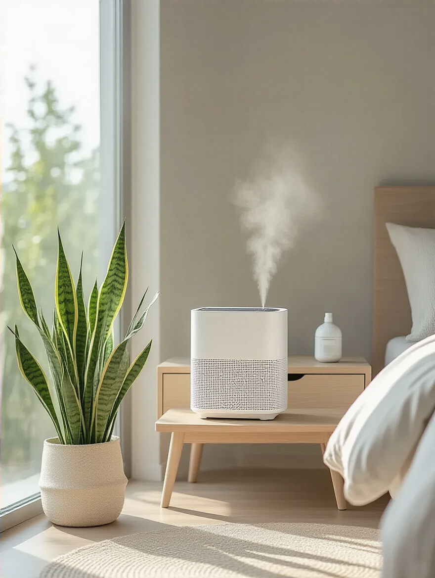 Portrait view of a master bedroom corner featuring a modern air purifier, an essential oil diffuser, and a snake plant. The image highlights excellent master bedroom air quality and serene scent management for a healthy sleeping environment.